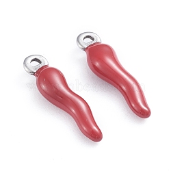 304 Stainless Steel Pendants, Enamelled Sequins, Horn of Plenty/Italian Horn Cornicello Charms, Stainless Steel Color, Dark Red, 17.5x4.5x3.5mm, Hole: 1mm(STAS-I148-02P-11)