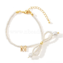 Glass Seed Beads Charm Bracelets for Women, Bowknot with Letter M, White(MK0655)