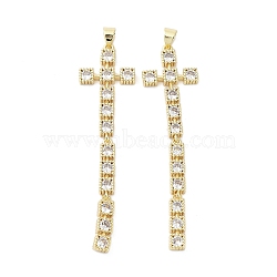 Cross Brass Micro Pave Cubic Zirconia Pendants, Cadmium Free & Lead Free, Long-Lasting Plated, Real 18K Gold Plated, Clear, 61x15.5x3mm, Hole: 4.5x3.5mm(KK-E102-02G-02)