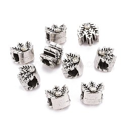 Tibetan Style Alloy Beads, with Crystal Rhinestone, Lead Free & Cadmium Free, Leaf, Antique Silver, 11.5x10.5x10mm, Hole: 5mm(PALLOY-I209-01AS)