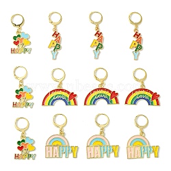 Alloy Enamel Pendant Stitch Markers, Crochet Leverback Hoop Charms, Locking Stitch Marker with Wine Glass Charm Ring, Rainbow with Heart/Word HAPPY, Mixed Color, 3.3~3.8cm, 4 style, 3pcs/style, 12pcs/set(HJEW-AB00345)