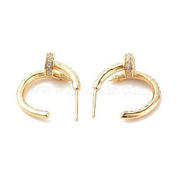 Clear Cubic Zirconia Flat Round Stud Earrings, Brass Half Hoop Earrings for Women, Cadmium Free & Lead Free, Real 18K Gold Plated, 25.5x19x9mm, Pin: 0.7mm(X-EJEW-A066-01G)