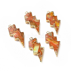 Dyed Natural Imperial Jasper Pendants, Lightning Bolt Charms, with Golden Tone Brass Findings, Orange, 39.5x16.5x4mm, Hole: 1.8mm(G-P490-03G-07)