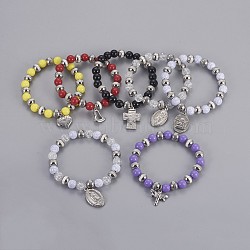 304 Stainless Steel Charm Bracelets, with Plastic Beads, Mixed Shaped, Mixed Color, 2 inch(5.2cm)(BJEW-I268-08)
