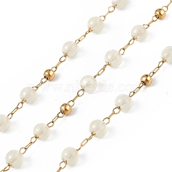 Dyed Natural Jade Round Beaded Chain, with Golden 304 Stainless Steel Satellite Chains, Unwelded, with Spool, Beige, 2.5x1x0.3mm, 5x4mm, 3mm, about 32.81 Feet(10m)/Roll(CHS-C006-01A)