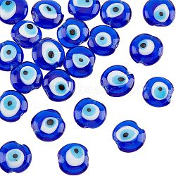 Handmade Evil Eye Lampwork Beads Strands, Flat Round, Blue, 15~16x8~9mm, Hole: 2mm, about 24pcs/strand, 13.70''(34.8cm)(LAMP-NB0001-61)