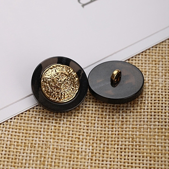 1-Hole Resin Shank Buttons, with Alloy Finding, for Garment Accessories, Flat Round, Black, 21mm