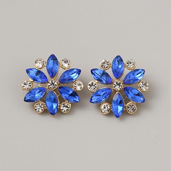 Flower Sew on Rhinestone, Alloy & Glass Rhinestone Buttons, for Costume Bag Hat Accessories, Blue, 20x20x8mm, Hole: 2.5mm