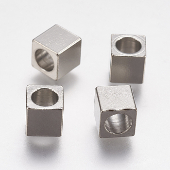201 Stainless Steel European Beads, Large Hole Beads, Cube, Stainless Steel Color, 6x6x6mm, Hole: 4mm