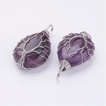 Natural Amethyst Pendants, with Brass Findings, teardrop, Platinum, 44~46x26x12~13mm, Hole: 4x7mm