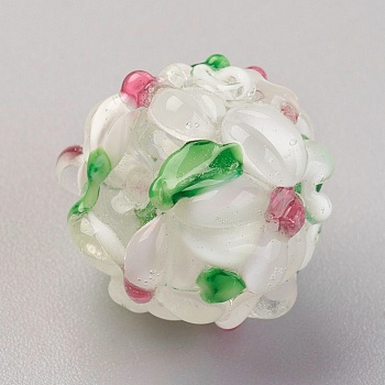 Handmade Lampwork Beads, Rondelle with Flower, Bumpy, WhiteSmoke, 14~15x12~13mm, Hole: 1.5~1.8mm