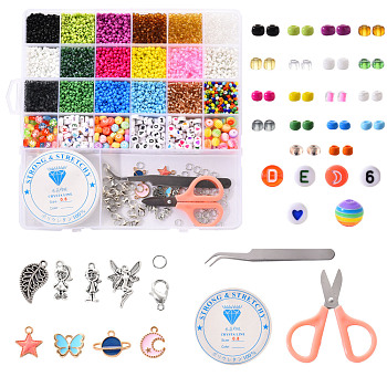 DIY Bracelet Jewelry Making Kits, 4680Pcs Round Glass Seed Beads, 275Pcs Flat Round Acrylic & Resin Beads, 8 Styles Alloy Pendants, Scissors & Jump Ring, Lobster Claw Clasps, Crystal Thread, Mixed Color, Hole: 2mm, Inner Diameter: 8mm