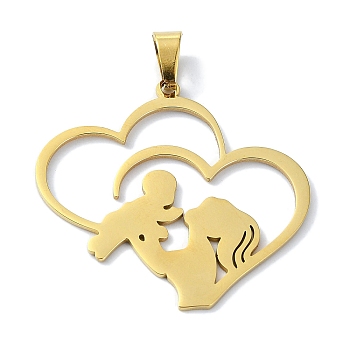 304 Stainless Steel Pendants, Laser Cut, Heart with Mother & Child Charms, Golden, 34x36x1mm, Hole: 7x4mm