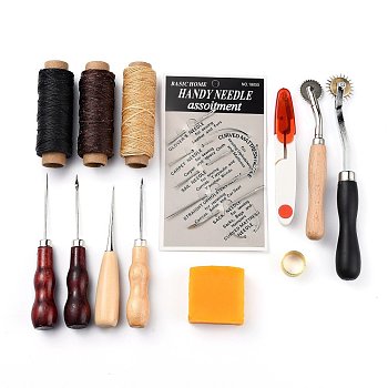 Leather Crafting Tools and Supplies, Leather Working Tools Set with Awl Waxed Thread Thimble Kit, for Stitching Punching Cutting Sewing Leather Craft Making, Mixed Color, 18x11x5.2cm