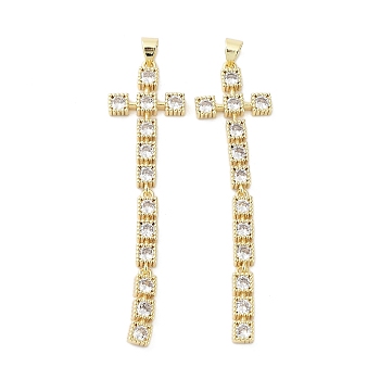 Cross Brass Micro Pave Cubic Zirconia Pendants, Cadmium Free & Lead Free, Long-Lasting Plated, Real 18K Gold Plated, Clear, 61x15.5x3mm, Hole: 4.5x3.5mm