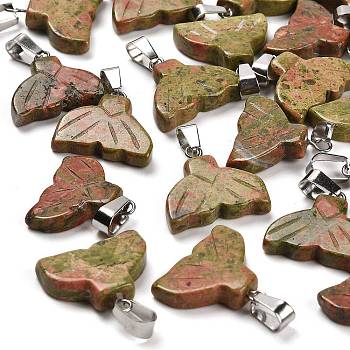 Natural Unakite Pendants, with Stainless Steel Color Plated 201 Stainless Steel Snap on Bails, 18~18.5x20~20.5x4.5~5mm, Hole: 7.5x4.5mm