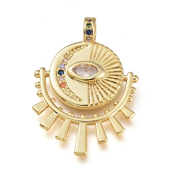 Brass Micro Pave Clear Cubic Zirconia Pendants, Eye with Moon, Golden, Colorful, 32x21.5x3.5mm, Hole: 3mm
