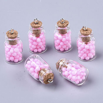 Glass Wishing Bottle Pendant Decorations, with Polystyrene Foam Inside, Cork Stopper and Iron Screw Eye Pin Peg Bails, Pearl Pink, 22x15mm, Hole: 2mm