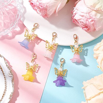 5Pcs 5 Colors Glass Pearl Beads & Acrylic Pendant Decorations, with Lobster Claw Clasps, Angel, Golden, 41mm, 1pc/color