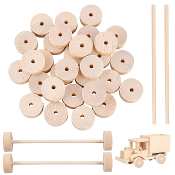 30Pcs Birchwood Wheel, with 15Pcs Birchwood Sticks, DIY Childen Toy Accessories, BurlyWood, Wheel: 28x10mm, Hole: 5mm, Sticks: 150x5mm