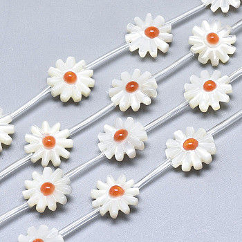 Natural White Shell Mother of Pearl Shell Beads, with Enamel, Flower, Coral, 11.5x11.5x4mm, Hole: 0.8mm