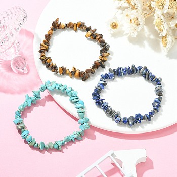 3Pcs 3 Style Natural & Synthetic Mixed Gemstone Chips Beaded Stretch Bracelets Set for Women, Inner Diameter: 2 inch(5cm), 1Pc/style