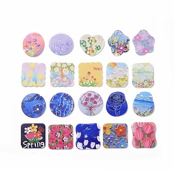 Acrylic Cabochons, for Hair Pins, Hair & Earrings Accessories, Mixed Shape with Flower Pattern, Mixed Color, 30~36.5x33~35x2~2.5mm