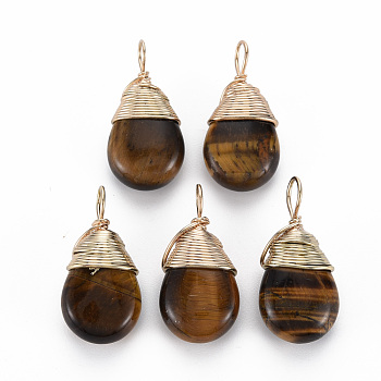 Natural Tiger Eye Pendants, with Golden Brass Findings, Teardrop, 24~26x13x8mm, Hole: 4~5x2~3mm
