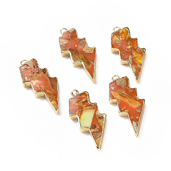 Dyed Natural Imperial Jasper Pendants, Lightning Bolt Charms, with Golden Tone Brass Findings, Orange, 39.5x16.5x4mm, Hole: 1.8mm