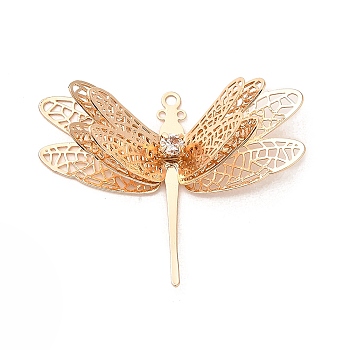 Brass Pendants, with Rhinestone, Dragonfly Charm, Light Gold, 29x36x10.5mm, Hole: 1.5mm and 0.8mm