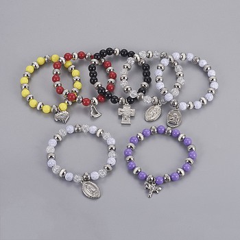 304 Stainless Steel Charm Bracelets, with Plastic Beads, Mixed Shaped, Mixed Color, 2 inch(5.2cm)