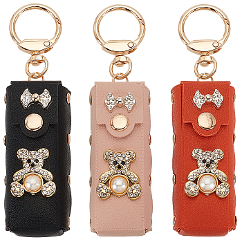 3Pcs 3 Colors PU Leather & Plastic Pearl & Rhinestone Lipstick Holder Keychains, Portable Lip Balm Organizer Holder Bag for Women Ladies, with Alloy & Iron Findings, Golden, Mixed Color, 13.4cm, 1pc/color