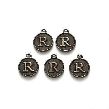 Alloy Pendant Cabochon Settings, For Enamel, Cadmium Free & Lead Free, Flat Round with Letter, Antique Bronze, Letter.R, 14x12x2mm, Hole: 1.5mm