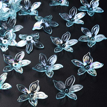 Transparent Acrylic Beads, AB Color, Flower, Dark Turquoise, 25.5x28x6mm, Hole: 1.8mm, about 980pcs/500g