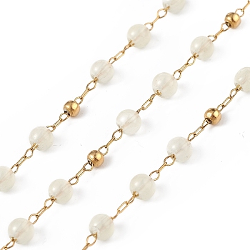 Dyed Natural Jade Round Beaded Chain, with Golden 304 Stainless Steel Satellite Chains, Unwelded, with Spool, Beige, 2.5x1x0.3mm, 5x4mm, 3mm, about 32.81 Feet(10m)/Roll