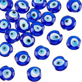 Handmade Evil Eye Lampwork Beads Strands, Flat Round, Blue, 15~16x8~9mm, Hole: 2mm, about 24pcs/strand, 13.70''(34.8cm)