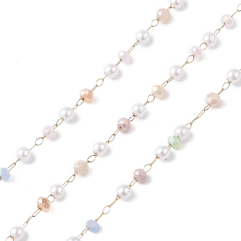 Glass & ABS Imitation Pearl Beaded Chains, Unwelded, with 304 Stainless Steel Link Chains, Golden, Lavender, 3x2~2.5mm