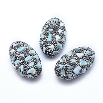 Natural Larimar Beads, with Polymer Clay Rhinestone, Oval, 45~47x25~27x13.5~16mm, Hole: 1~2mm