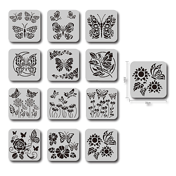 Large Plastic Reusable Drawing Painting Stencils Templates Sets, for Painting on Scrapbook Fabric Canvas Tiles Floor Furniture Wood, Butterfly Pattern, 30x30cm, 12pcs/set