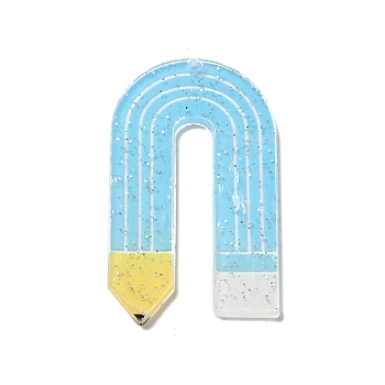 Acrylic Pendants, with Glitter Powder, Pencil, Deep Sky Blue, 52.5x30x2mm, Hole: 1.8mm