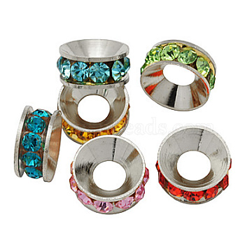 Brass Rhinestone Spacer Beads, Grade A, Rondelle, Platinum Metal Color, Mixed Color, 7x3.3mm, Hole: 3.5mm(X-RB-A020-7mm-P)