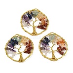 Natural Quartz Crystal & Amethyst & Lapis Lazuli & Green Aventurine & Yellow Quartz & Carnelian & Red Jasper Chip Beaded Tree of Life Chakra Big Pendants, with Brass Findings, Golden, 50~52x51~52.5x5~7mm, Hole: 6x2mm(G-Z101-07G)