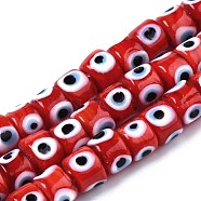 Handmade Evil Eye Lampwork Beads Strands, Column, Red, 8.5x6~7mm, Hole: 2mm, about 53~56pcs/strand, 13.78 inch~14.17 inch(35cm~36cm)(LAMP-WH0006-05G)