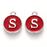 Platinum Plated Alloy Enamel Charms, Cadmium Free & Lead Free, Enamelled Sequins, Flat Round with Letter, Letter.S, 14x12x2mm, Hole: 1.5mm(X-ENAM-S118-03S-P)