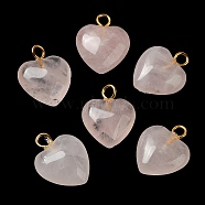 Natural Rose Quartz Pendants, Heart Charms with Golden Plated Brass Loops, 15~15.5x12~12.5x4.5~5.5mm, Hole: 2mm(G-E603-01G-02)