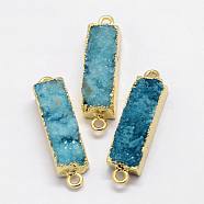 Electroplated Natural & Dyed Druzy Agate Links connectors, with Golden Plated Brass Findings, Rectangle, Dark Turquoise, 32~40x8x6~7mm, Hole: 2mm(G-N0168-015C)