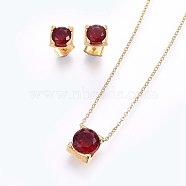 304 Stainless Steel Jewelry Sets, Pendant Necklaces and Stud Earrings, with Cubic Zirconia, Dark Red, Golden, 17.71 inch(45cm), 7x6x4.5mm, Pin: 0.8mm(SJEW-H133-01G-A)