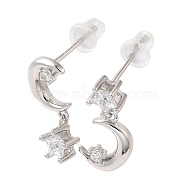 Rhodium Plated Sterling Silver Dangle Stud Earrings, Rhinestone Moon with Star Asymmetrical Earrings, with S925 Stamp, Platinum, 10.5x7.5mm(EJEW-D106-04P)