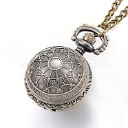 Carved Alloy Flat Round Pendant Necklace Quartz Pocket Watches, with Iron Chains and Lobster Claw Clasps, Antique Bronze, 31.1 inch(79cm)(WACH-P006-06)