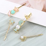 Conch/Starfish/Shell Shape Alloy Hair Bobby Pin Sets, with Rhinestone and Plastic Imitation Pearl and Enamel, Sky Blue, 55~63mm, 4pcs/set(AJEW-A056-02D)